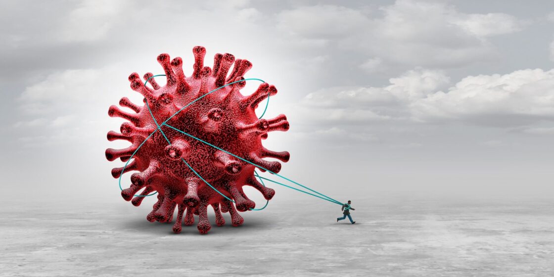 long Covid syndrome and coronavirus pandemic symptoms that persist as a burden concept or being tied trapped as a hauler of a virus infection with 3D illustration elements.