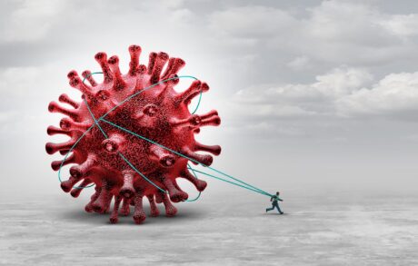 long Covid syndrome and coronavirus pandemic symptoms that persist as a burden concept or being tied trapped as a hauler of a virus infection with 3D illustration elements.